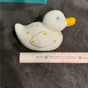 Tiffany & Co RARE Hand Painted White Yellow Polka Dot Duck Coin Bank Italy